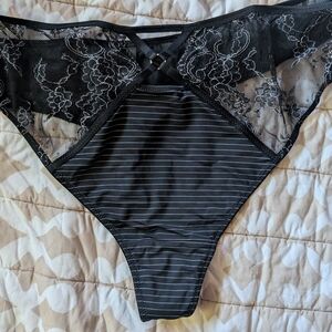Ashley Graham Black Lace Striped Thong X 2
